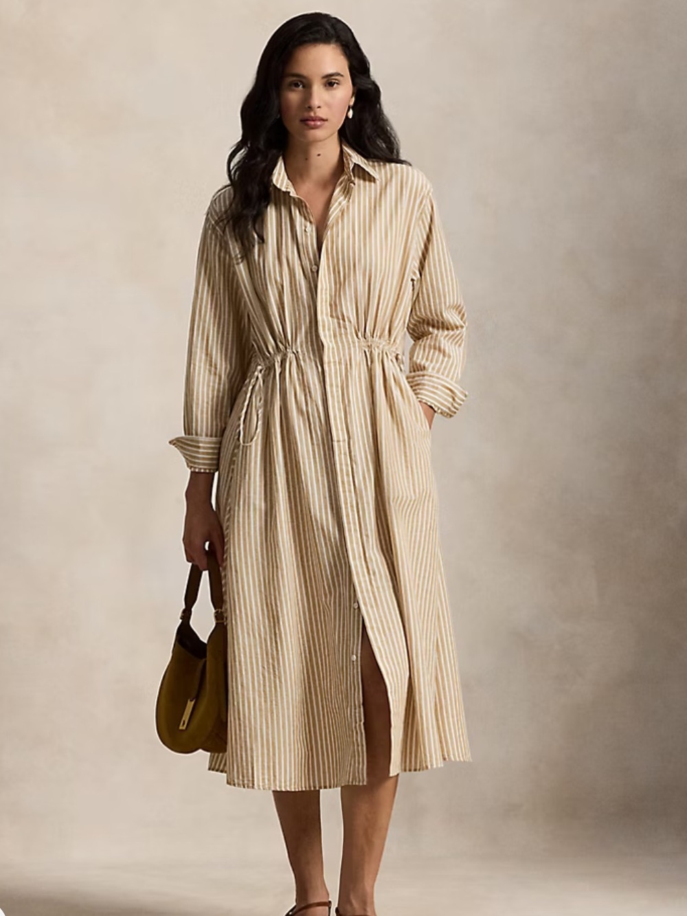 Polo Ralph Lauren Striped Cotton-Linen Drawcord Midi Long Sleeve Shirtdress sz 8